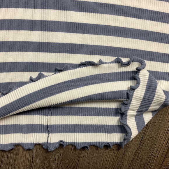 PAIGE Senne Tee Womens Medium Blue Ivory Striped Ribbed Lettuce Hem Top Preppy - Picture 5 of 9